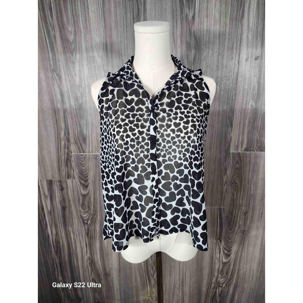 HM Divided Womens Size 6 Black White Heart Print Sheer Sleeveless Button Up Top